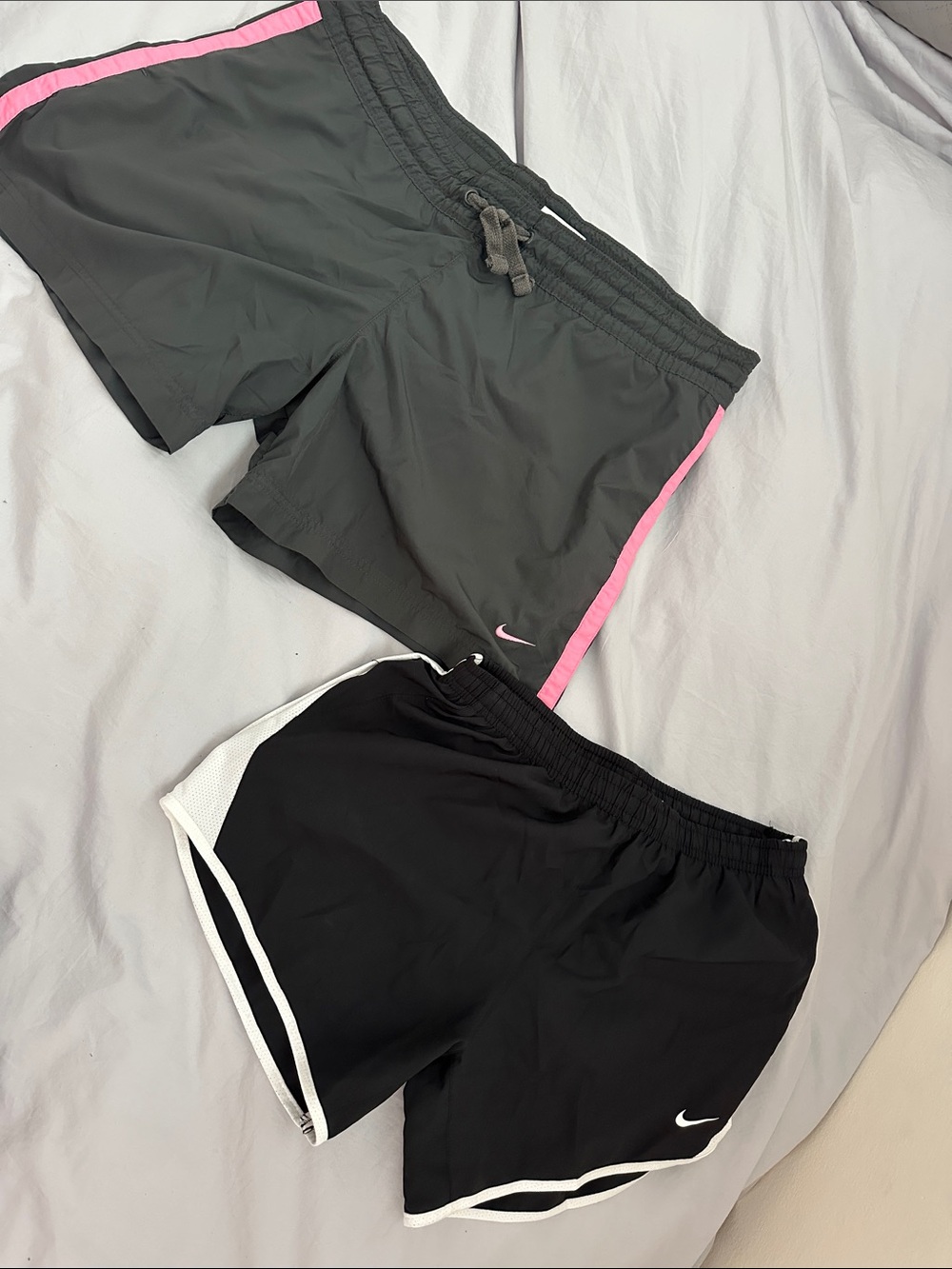 Nike Women's Black and Gray Athletic Shorts with Pink and White Trim